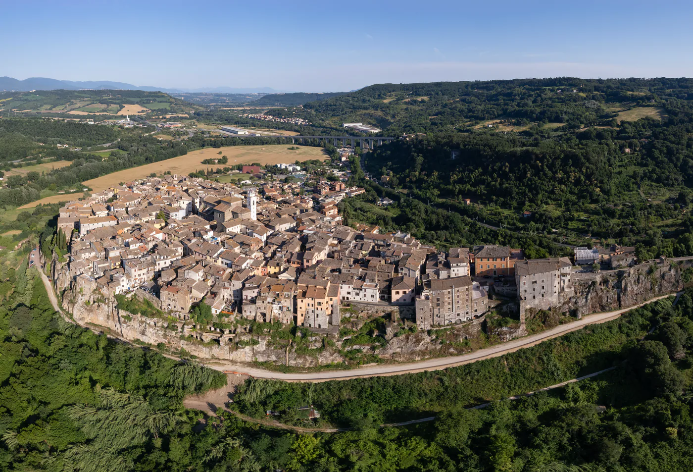 An aerial view of Orte on its tuff outcrop.